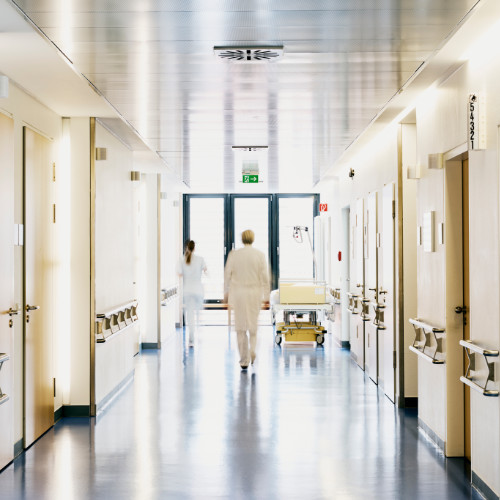 a person walking in a hallway